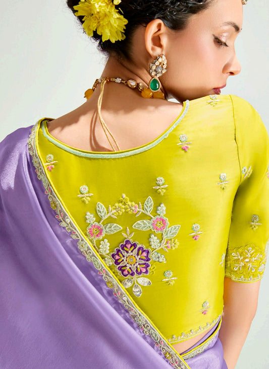 Bewitching Lavender and Lemon Yellow Organza Tissue Embroidered Designer Wedding Saree