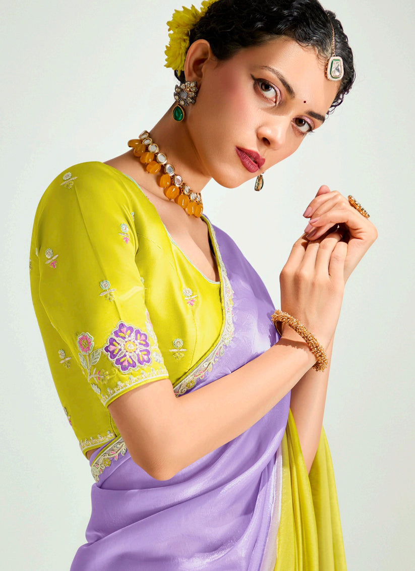 Bewitching Lavender and Lemon Yellow Organza Tissue Embroidered Designer Wedding Saree