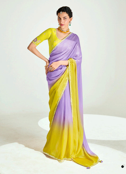 Bewitching Lavender and Lemon Yellow Organza Tissue Embroidered Designer Wedding Saree