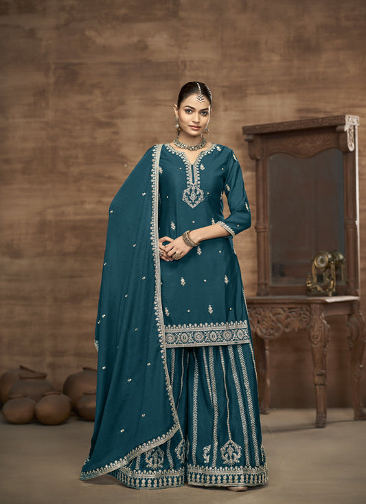 peacock blue chinnon silk embroidered readymade palazzo kameez