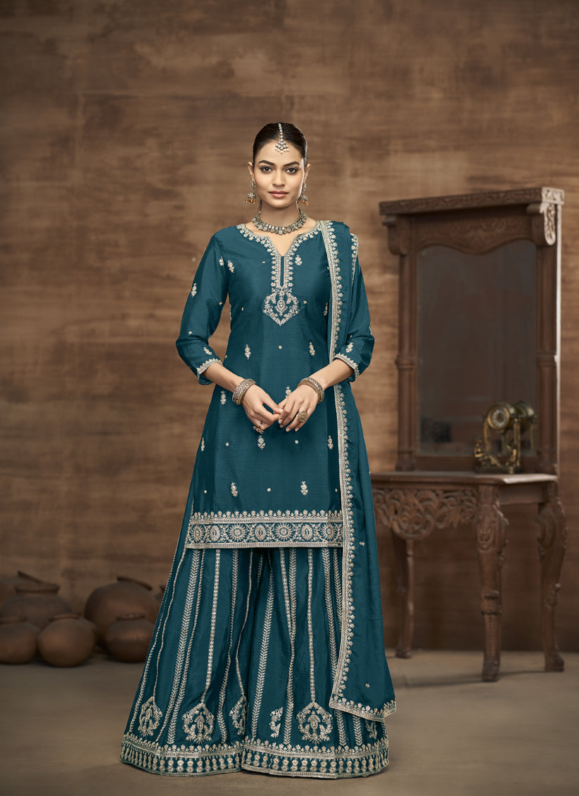 peacock blue chinnon silk embroidered readymade palazzo kameez