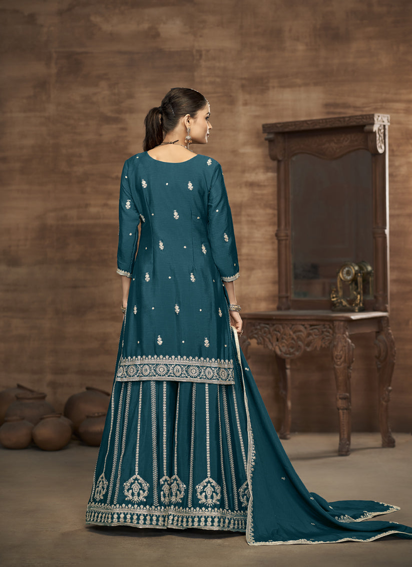 peacock blue chinnon silk embroidered readymade palazzo kameez