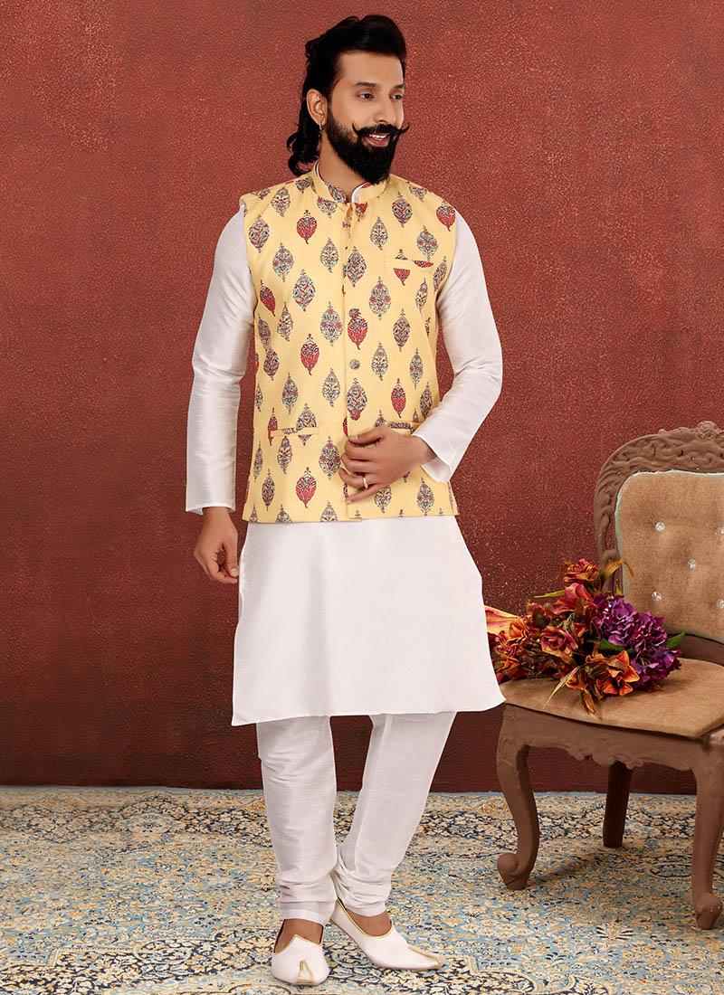 Stunning Off White Dhupion Silk Mens Kurta Pyjama with Jacket