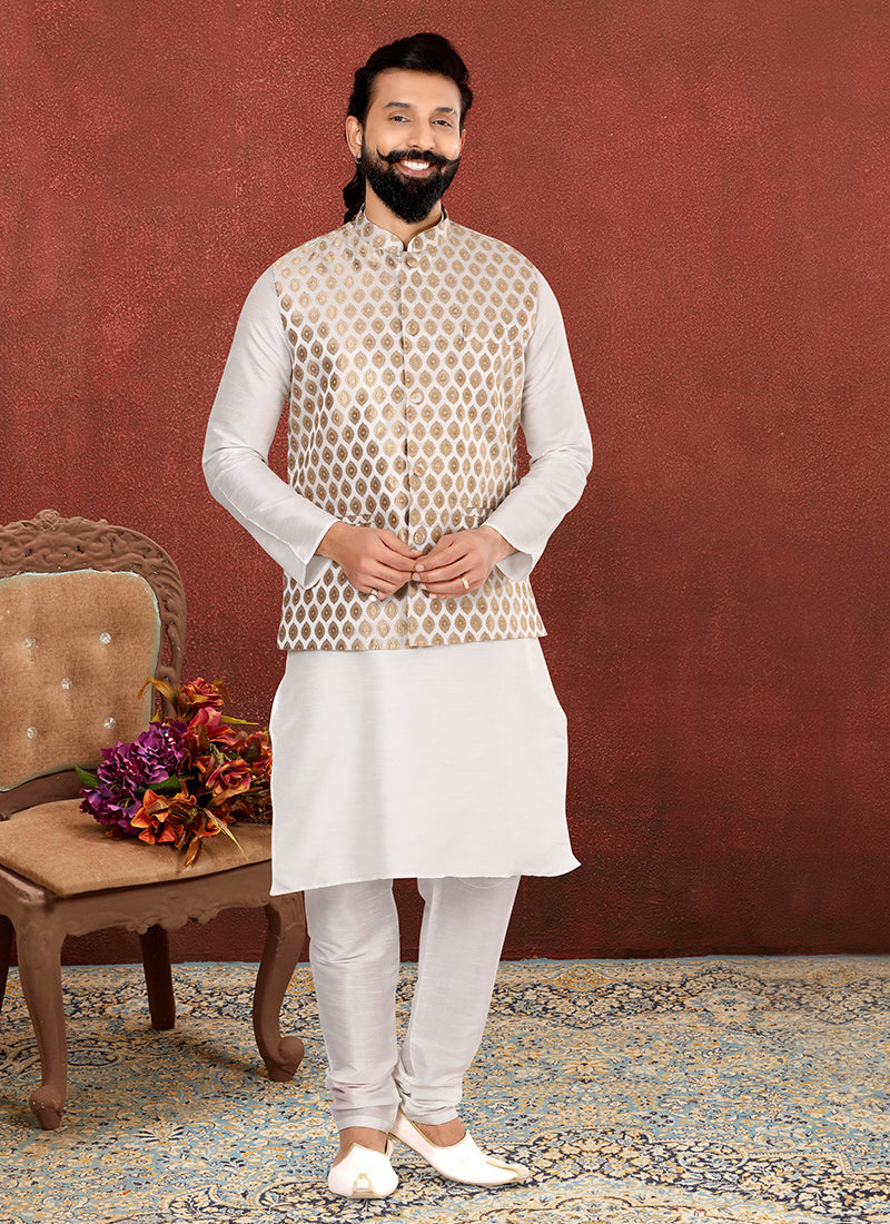 Delicate Off White Dhupion Silk Mens Kurta Pyjama with Jacket