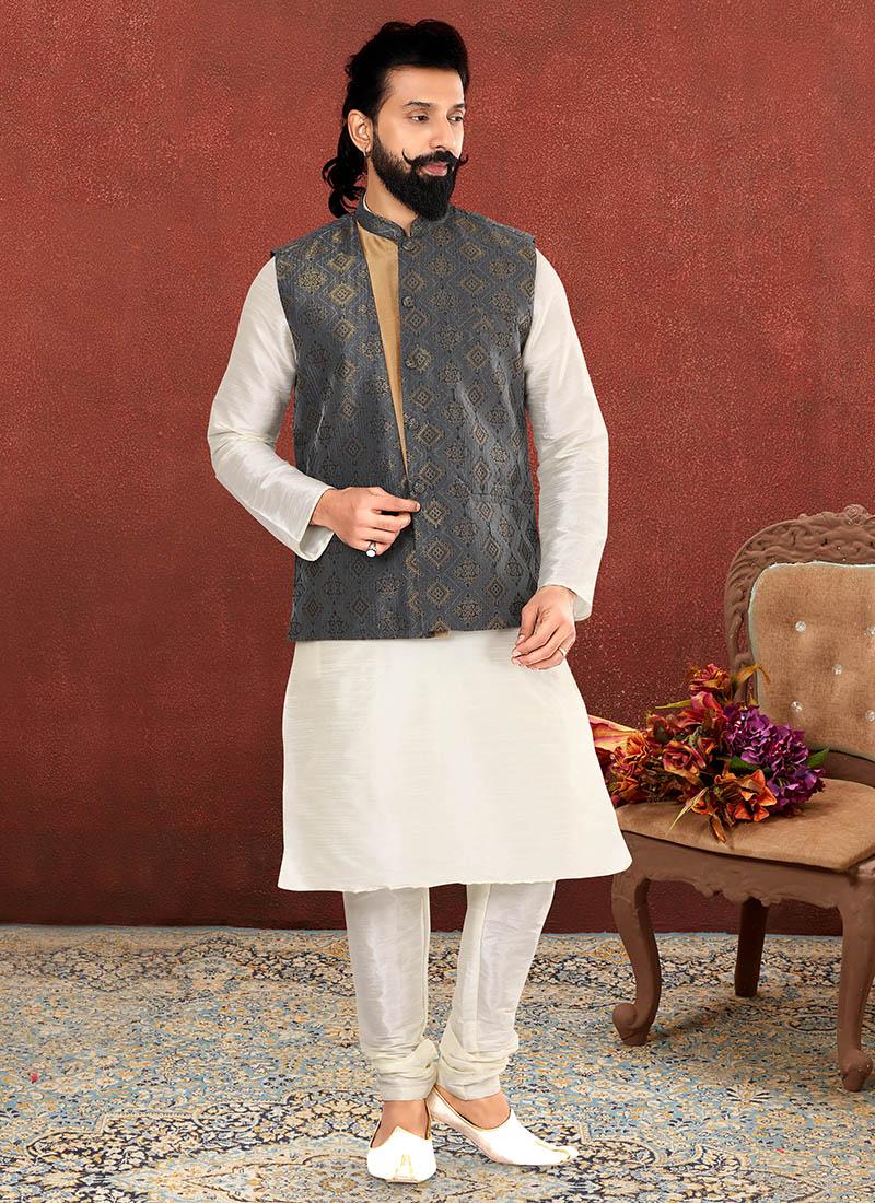 Off White Dhupion Silk Mens Kurta Pyjama with Jacket