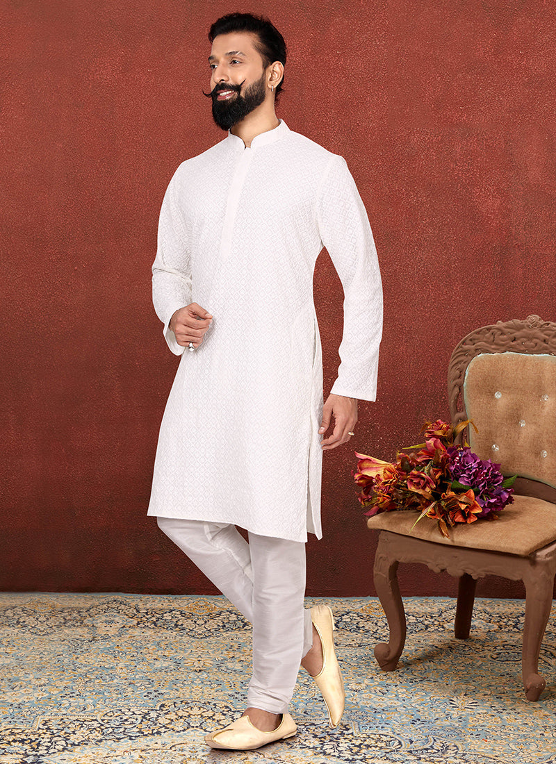 White Georgette Embroidered Mens Kurta Set