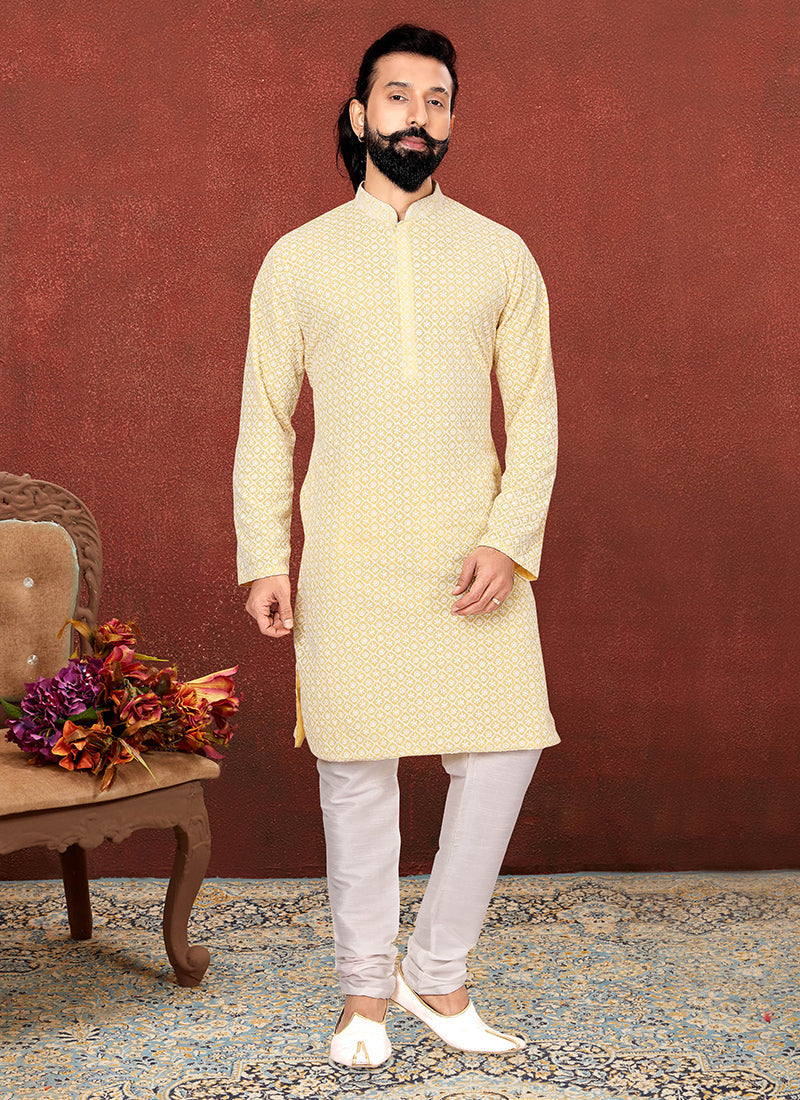 Pastel Yellow Georgette Embroidered Mens Kurta Set