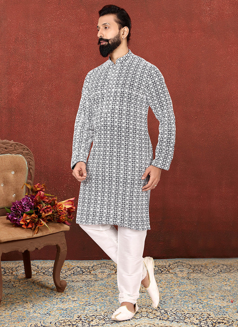 Black Georgette Embroidered Mens Kurta Set
