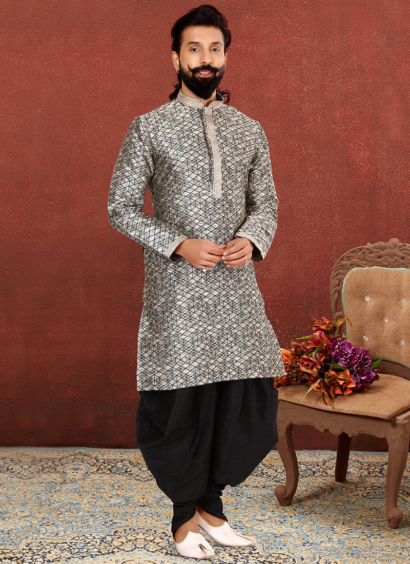 Grey Jacquard Silk Mens Kurta Set