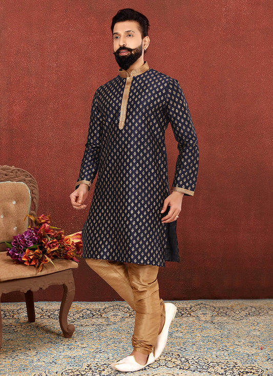 Fabulous Black Banarasi Dhupion Silk Mens Kurta Set