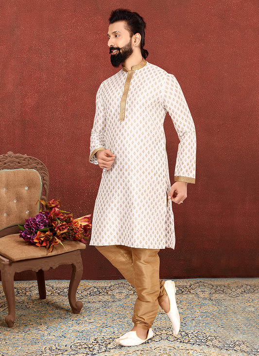 Marvelous White Banarasi Dhupion Silk Mens Kurta Set