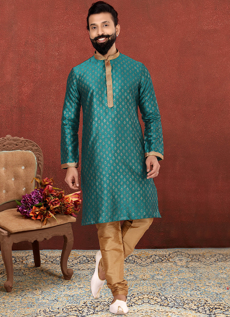 Captivating Peacock Green Banarasi Dhupion Silk Mens Kurta Set