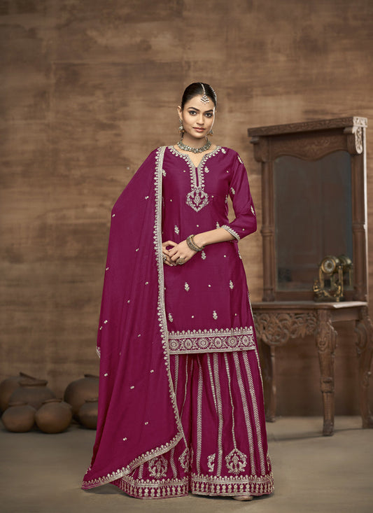 magenta chinnon silk embroidered readymade palazzo kameez