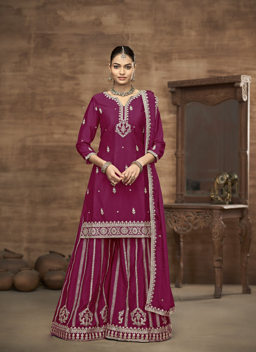 magenta chinnon silk embroidered readymade palazzo kameez