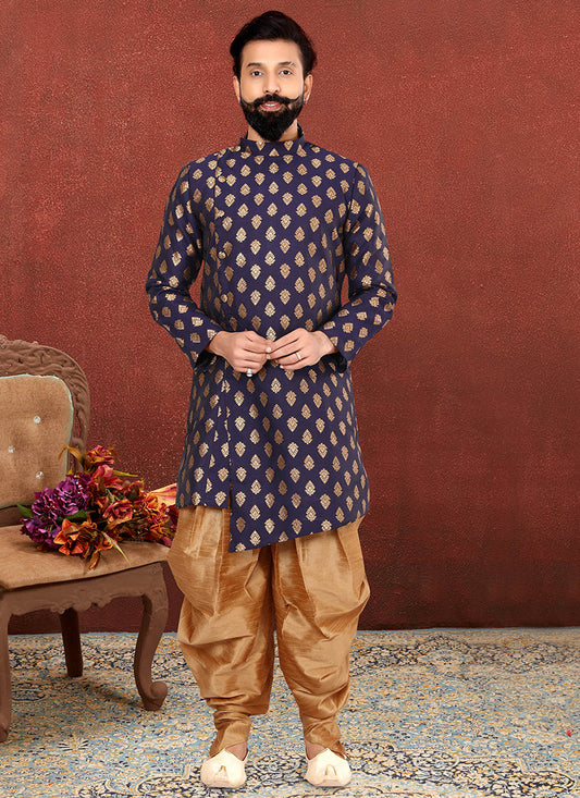 Voguish Navy Blue Jacquard Silk Mens Indo Western