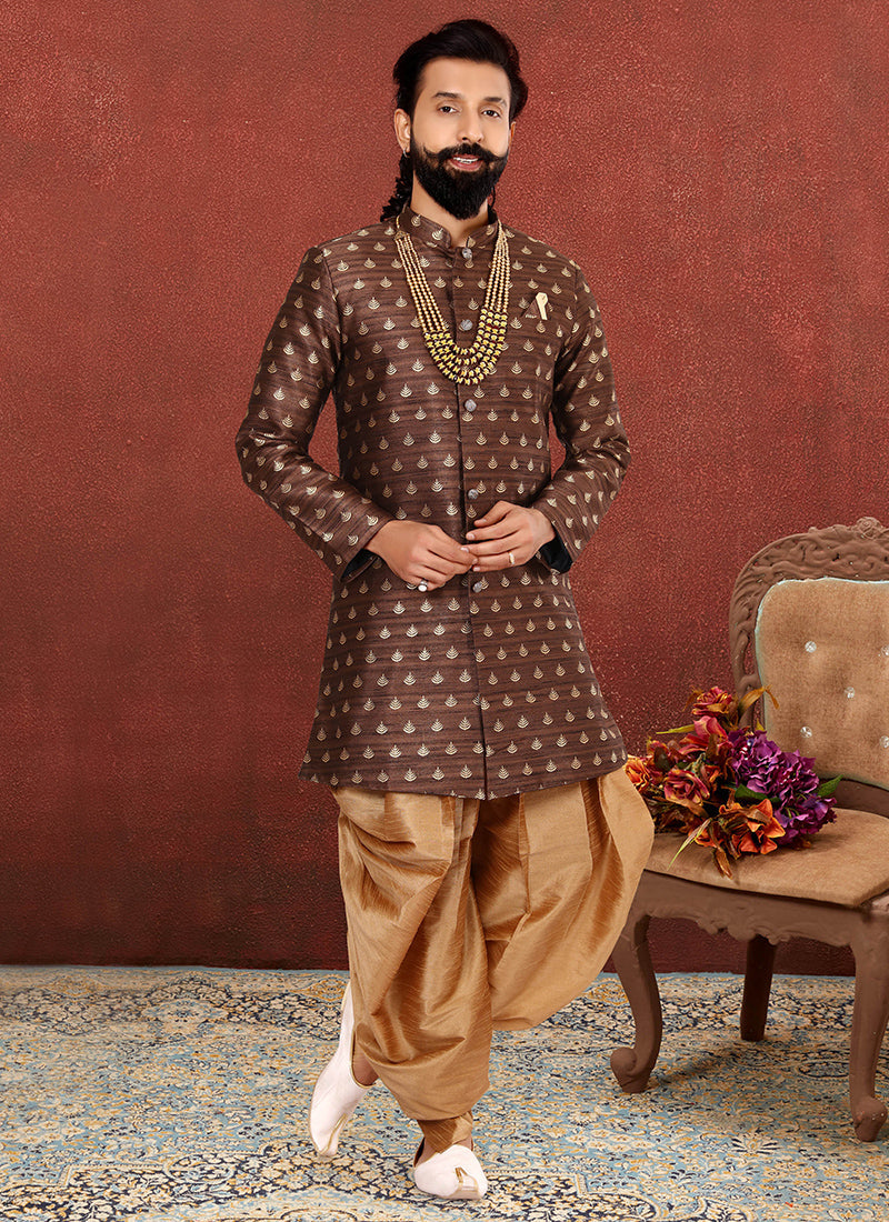 Sophisticated Brown Jacquard Silk Mens Indo Western