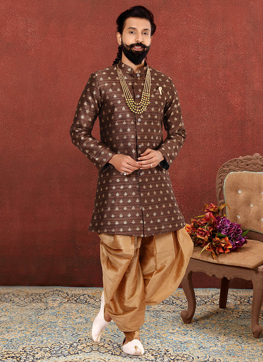 Sophisticated Brown Jacquard Silk Mens Indo Western
