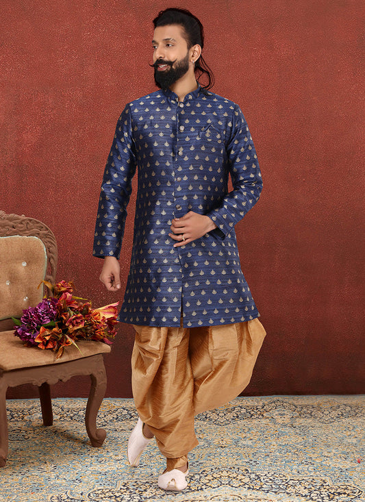Gorgeous Navy Blue Jacquard Silk Mens Indo Western