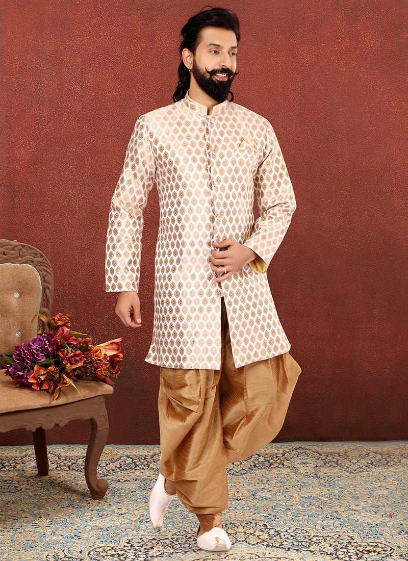 Elegant White Jacquard Silk Mens Indo Western