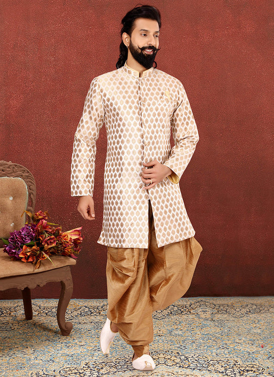 Elegant White Jacquard Silk Mens Indo Western