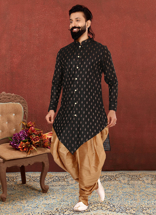 Charming Black Cotton Silk Mens Indo Western