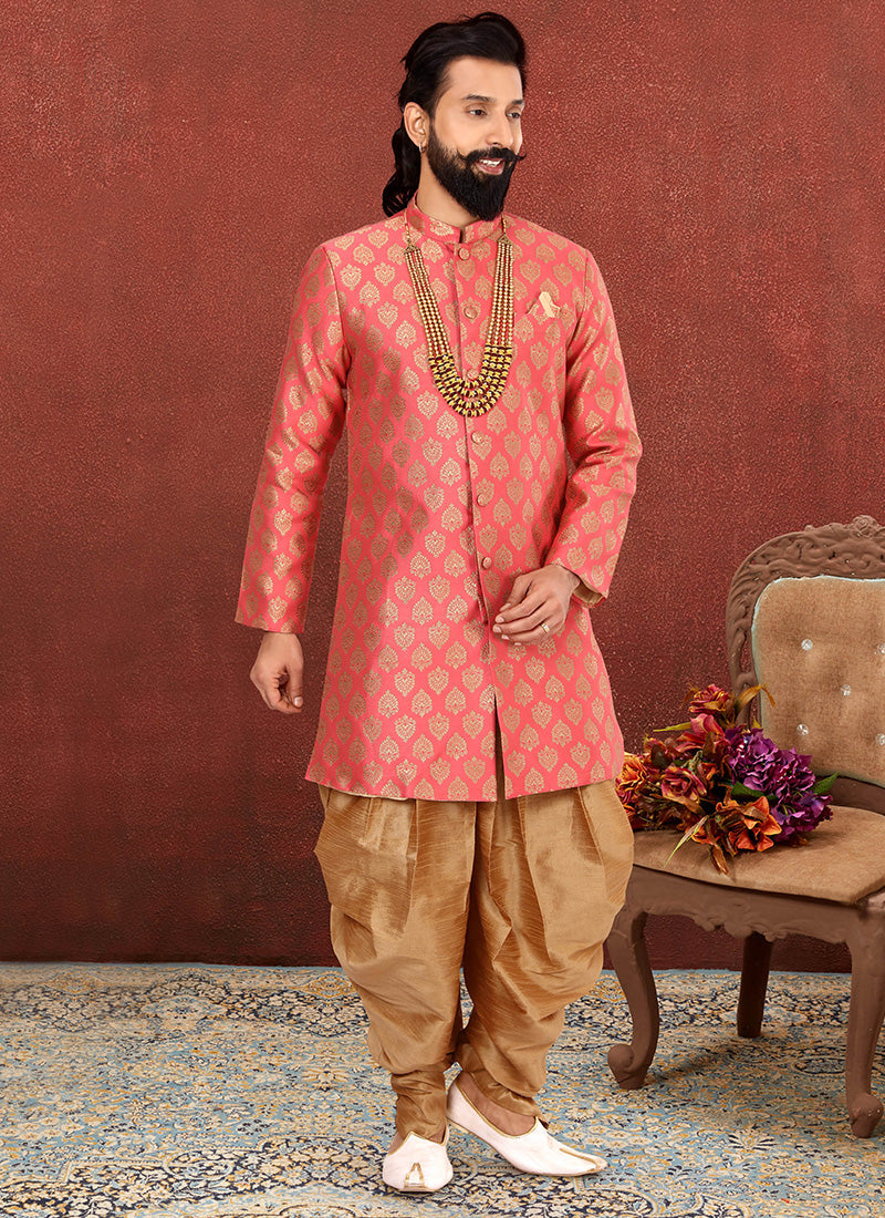 Luxurious Cherry Pink Jacquard Silk Mens Indo Western