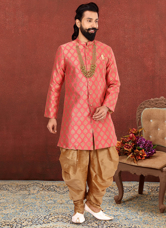 Luxurious Cherry Pink Jacquard Silk Mens Indo Western