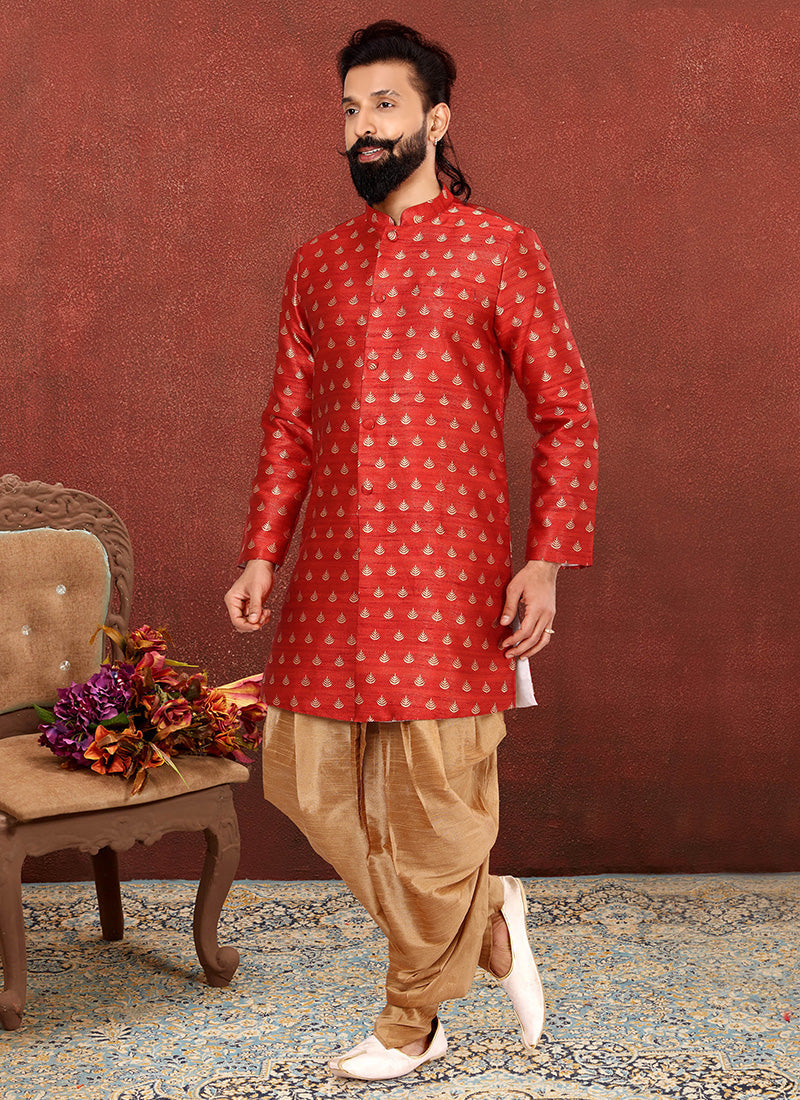 Spectacular Rust Red Jacquard Silk Mens Indo Western