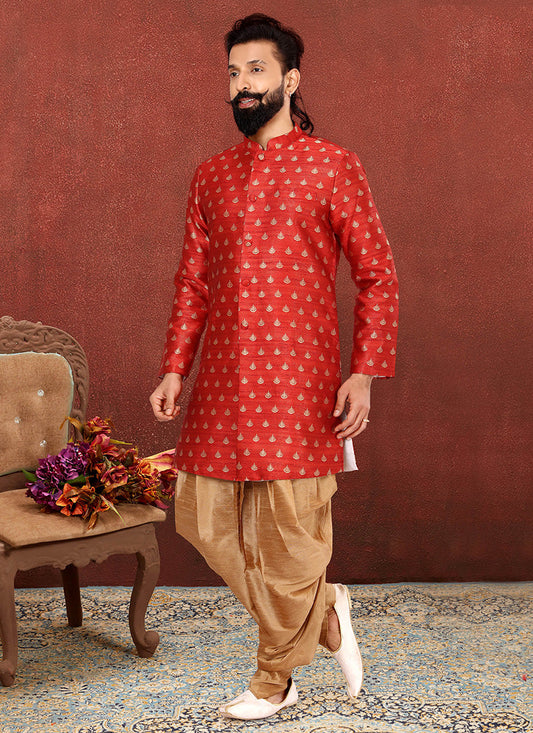Spectacular Rust Red Jacquard Silk Mens Indo Western