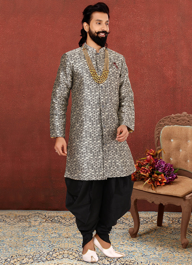 Grey Jacquard Silk Mens Indo Western