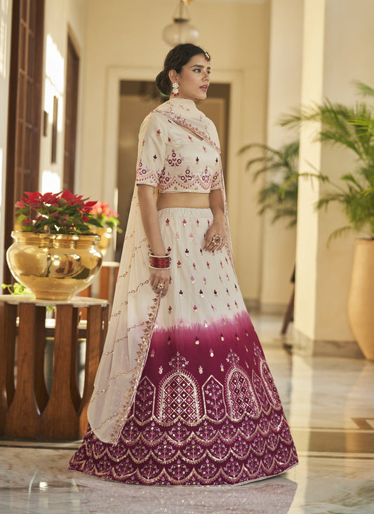 Magnetic Ivory and Maroon Art Silk Embroidered Wedding Lehenga Choli