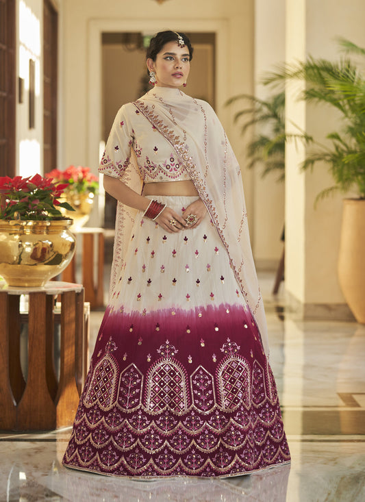Magnetic Ivory and Maroon Art Silk Embroidered Wedding Lehenga Choli