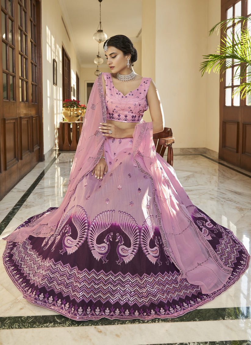 Ravishing Lilac Pink and Plum Art Silk Embroidered Wedding Lehenga Choli