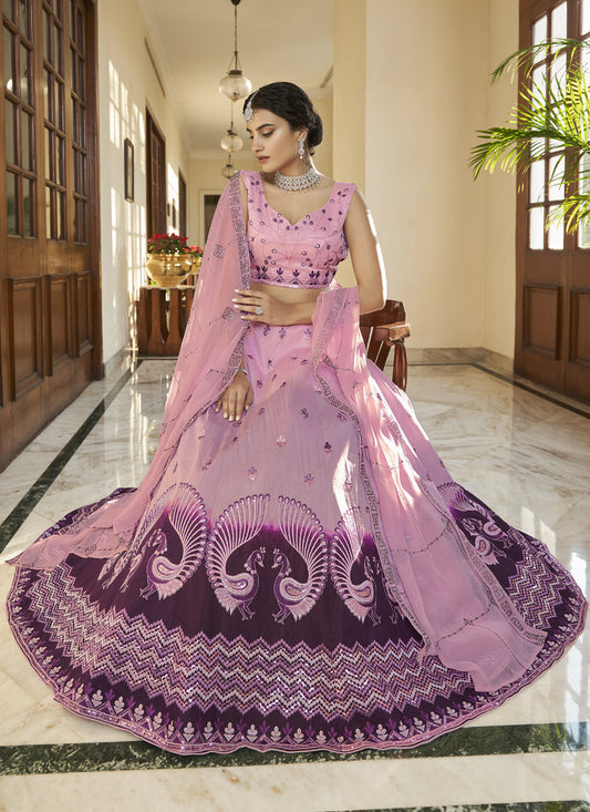 Ravishing Lilac Pink and Plum Art Silk Embroidered Wedding Lehenga Choli
