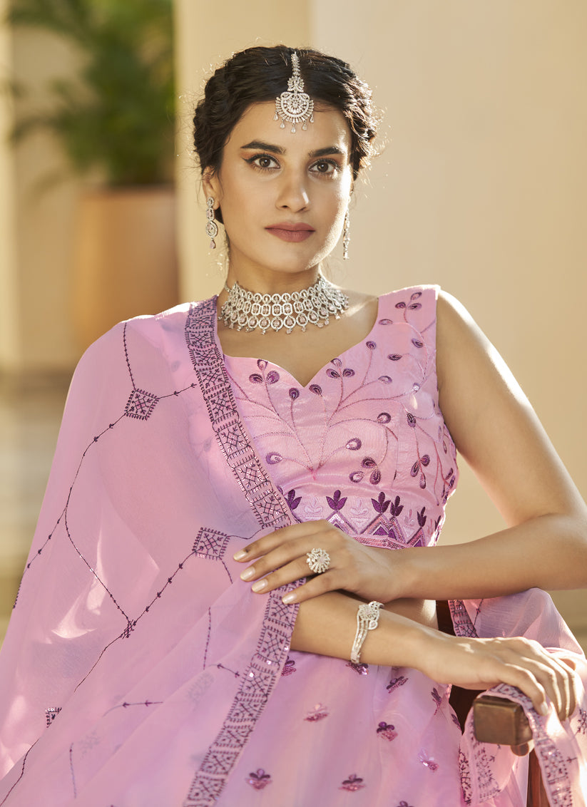 Ravishing Lilac Pink and Plum Art Silk Embroidered Wedding Lehenga Choli