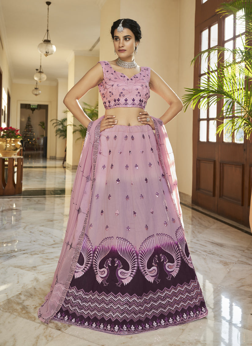Ravishing Lilac Pink and Plum Art Silk Embroidered Wedding Lehenga Choli