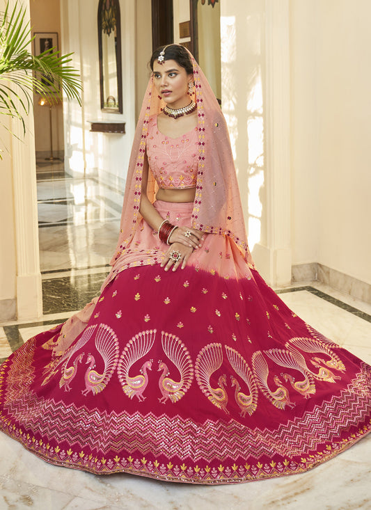Mesmerizing Strawberry and Peach Art Silk Embroidered Wedding Lehenga Choli