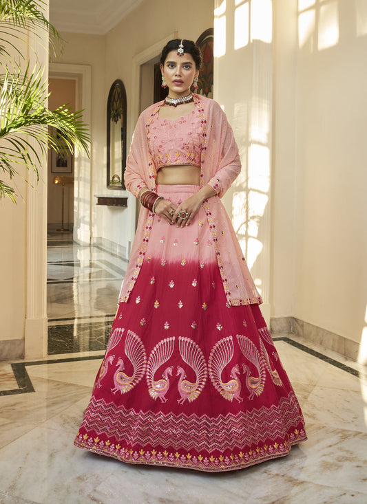 Mesmerizing Strawberry and Peach Art Silk Embroidered Wedding Lehenga Choli