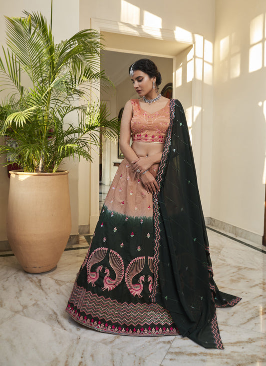 Adorable Pine Green and Salmon Orange Art Silk Embroidered Wedding Lehenga Choli