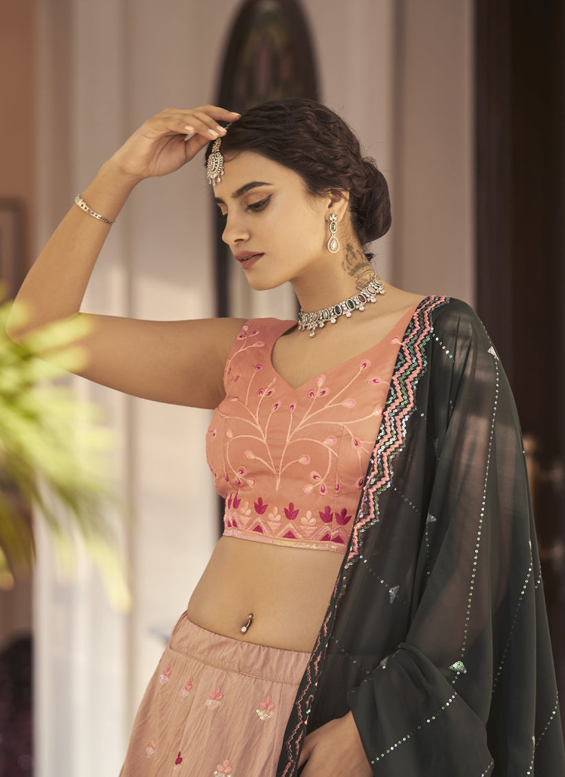 Adorable Pine Green and Salmon Orange Art Silk Embroidered Wedding Lehenga Choli