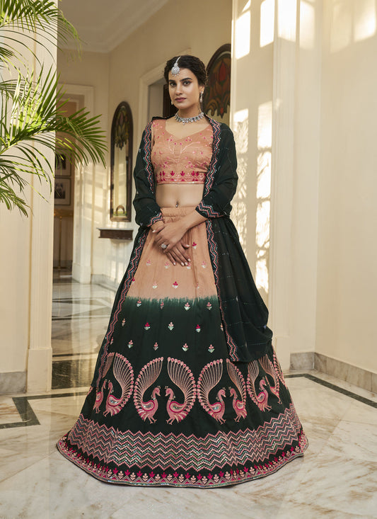 Adorable Pine Green and Salmon Orange Art Silk Embroidered Wedding Lehenga Choli