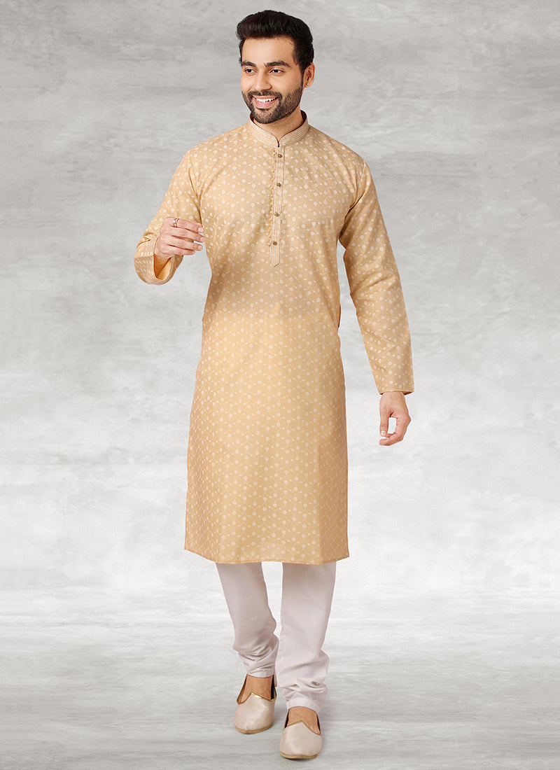 Beige Handloom Cotton Mens Kurta Pyjama Set
