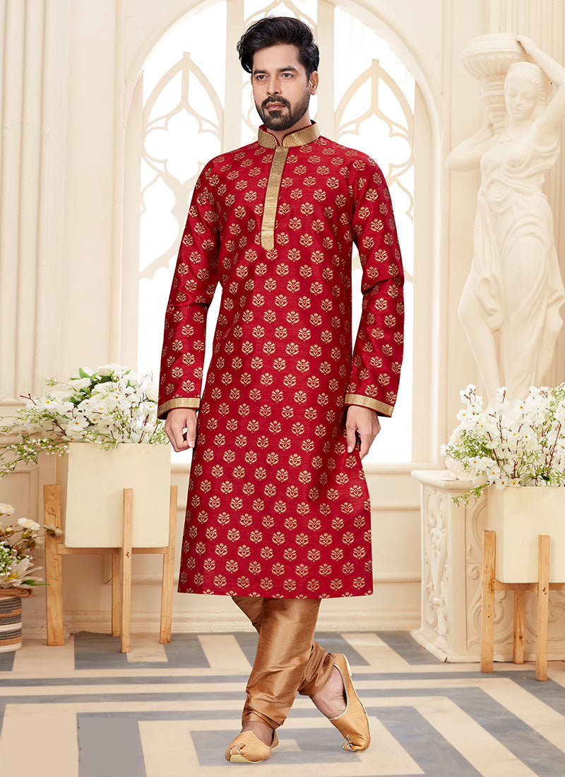Maroon Silk Dupion Mens Kurta Pyjama Set