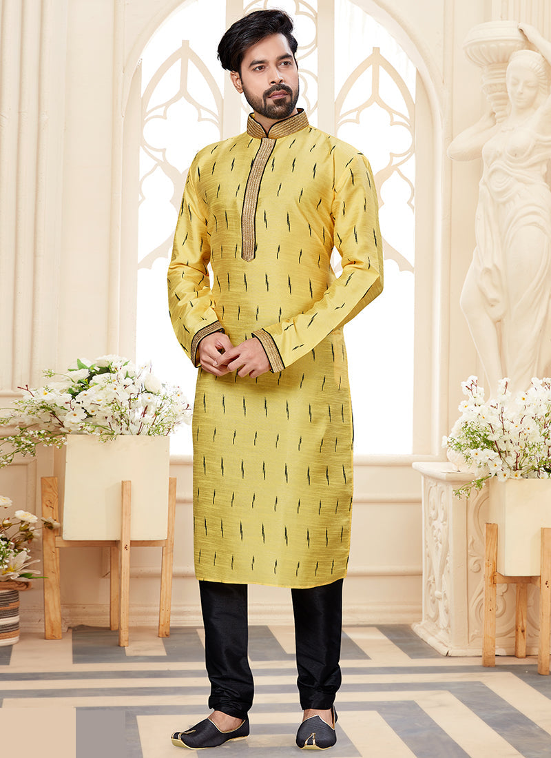 Lemon Yellow Silk Dupion Mens Kurta Pyjama Set
