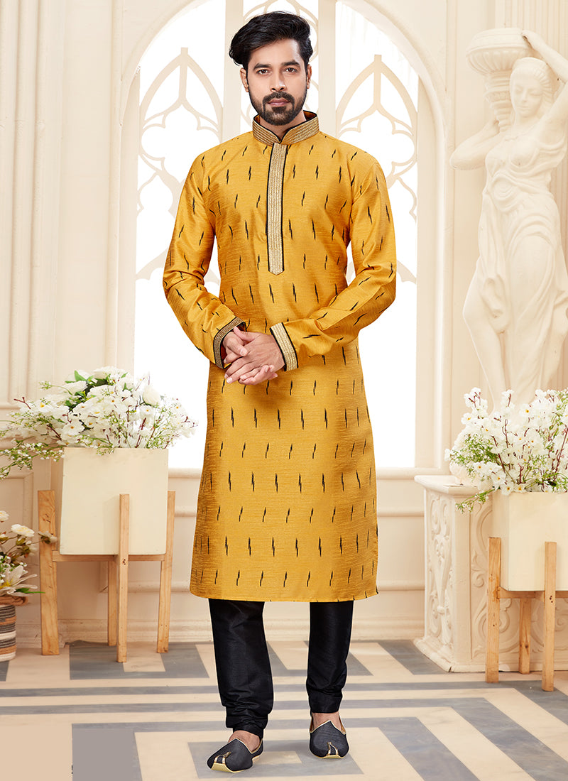 Sunny Yellow Silk Dupion Mens Kurta Pyjama Set