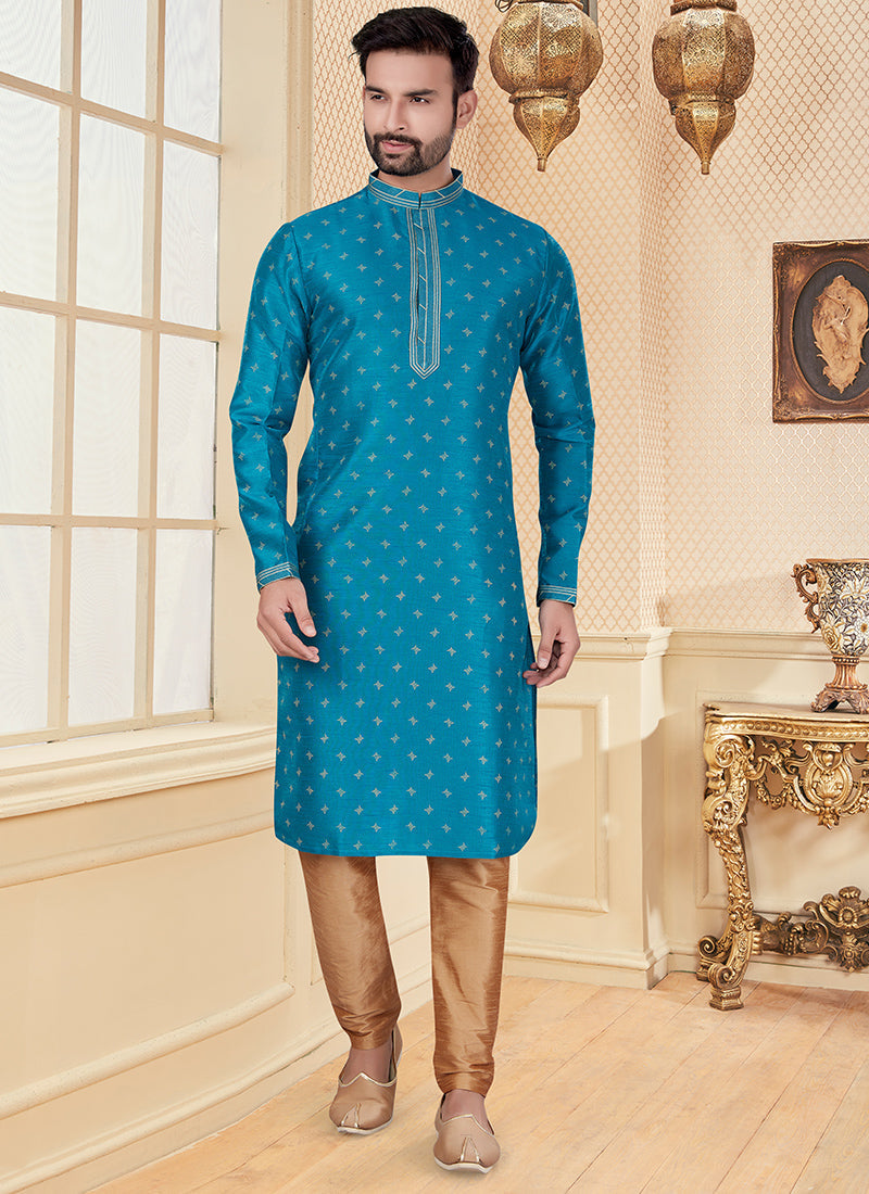 Teal Blue Silk Printed Mens Kurta Set