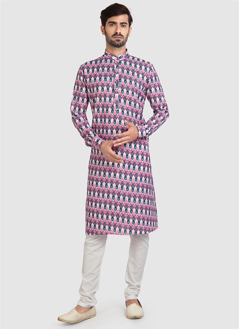Multicolor Cotton Mens Kurta Pyjama Set