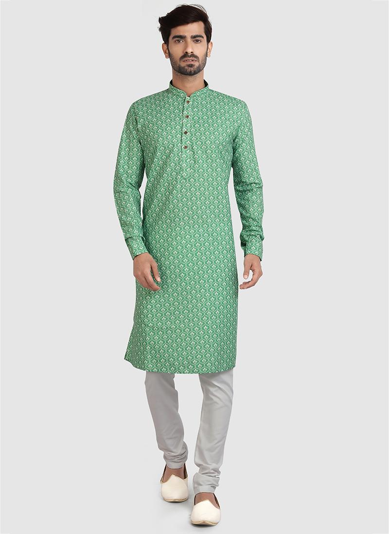 Green Cotton Mens Kurta Pyjama Set