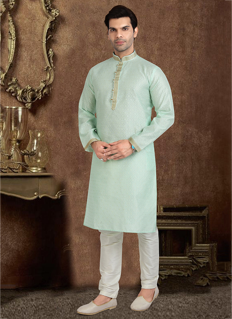 Ice Mint Jacquard Silk Mens Kurta Pyjama Set