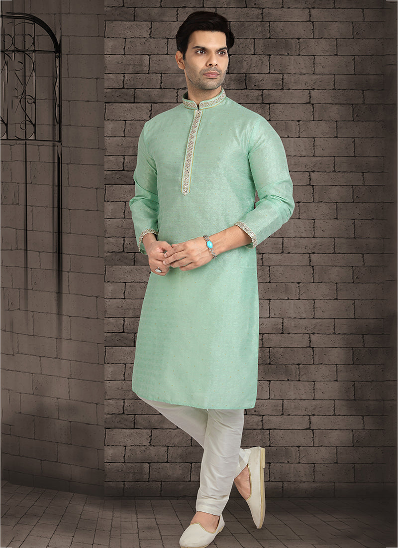 Green Jacquard Silk Mens Kurta Pyjama Set